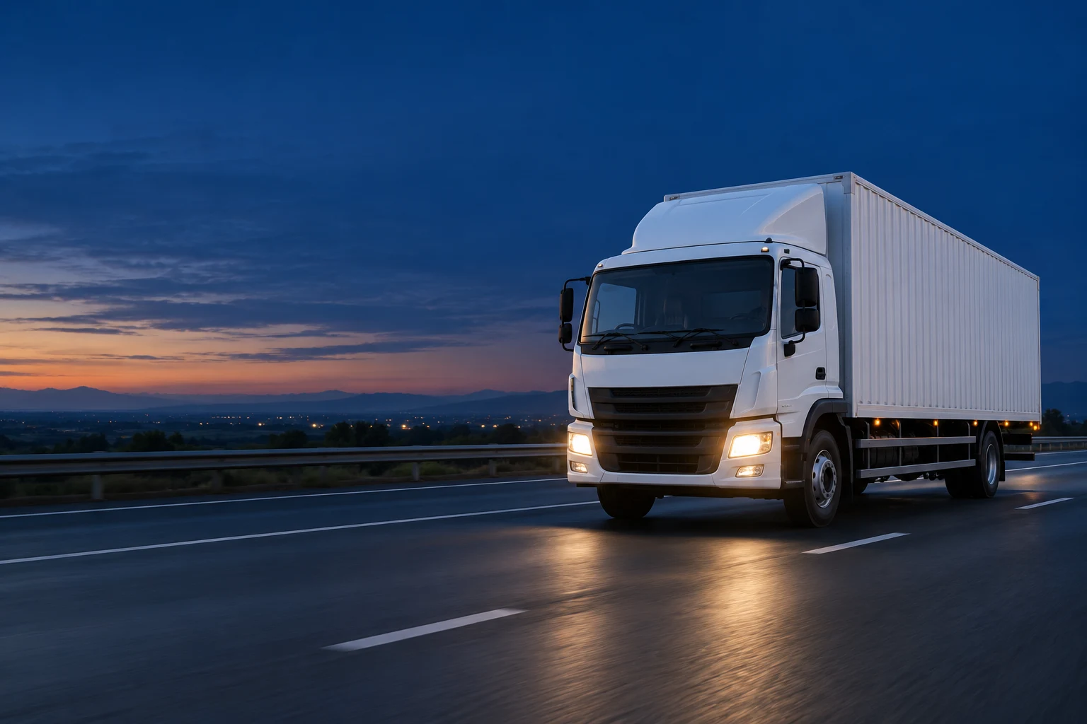 Illustrative white closed-body freight truck on a highway